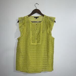 Banana Republic Geo Lace Ruffle Top Bright Celery Yellow Women Top Blouse Size L
